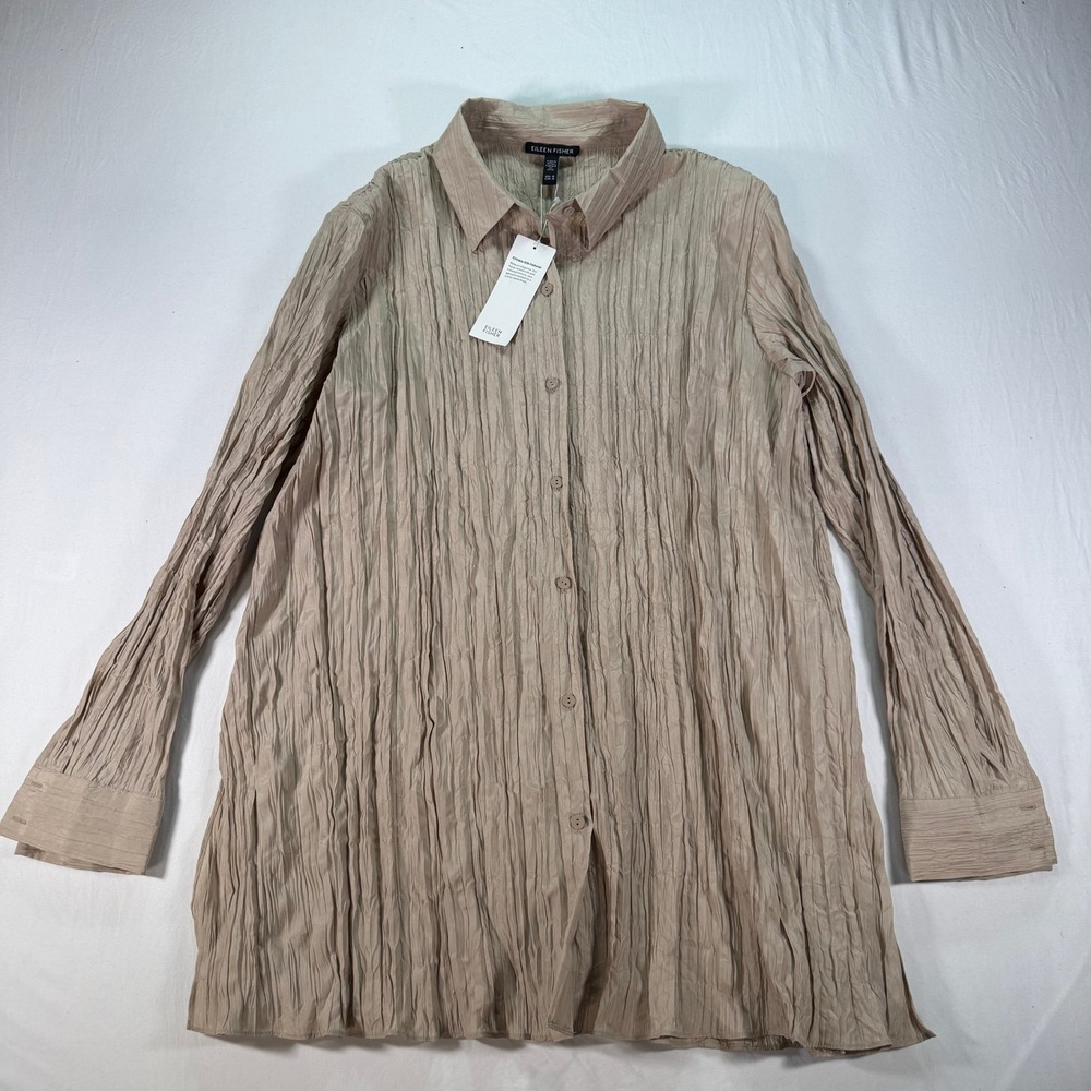 Eileen Fisher Crinkle Silk Habutai Button Down Shirt Women's Medium Tan Long Slv